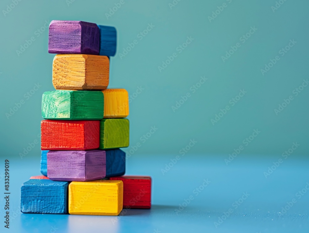 Poster a tower of colorful toy blocks stacked neatly on a minimal background, providing ample space at the 