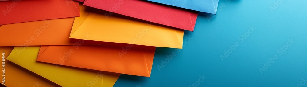 Aufkleber a neat stack of colorful envelopes fanned out against a plain surface, offering space on the right s
