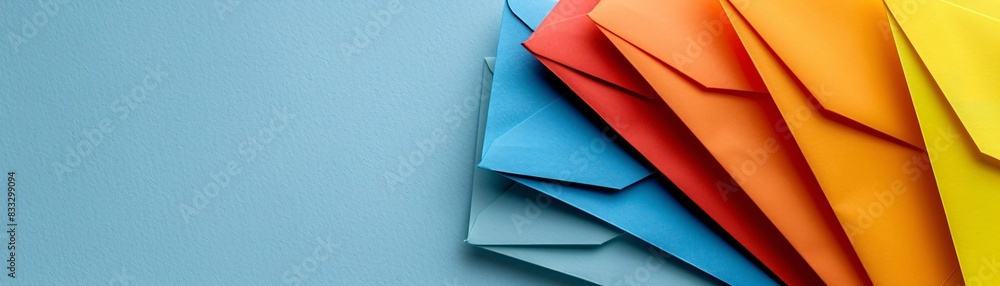 Aufkleber a neat stack of colorful envelopes fanned out against a plain surface, offering space on the right s