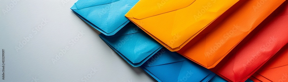 Aufkleber a neat stack of colorful envelopes fanned out against a plain surface, offering space on the right s
