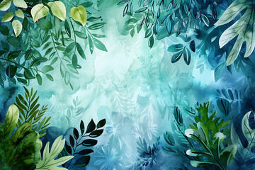 A vibrant watercolor ecology background featuring lush greenery and blue hues, evoking a sense of nature's beauty.
