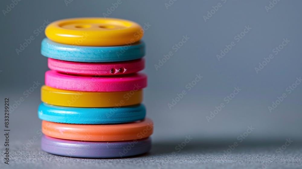 Poster a stack of colorful buttons piled high on a neutral background, with ample space above for text.