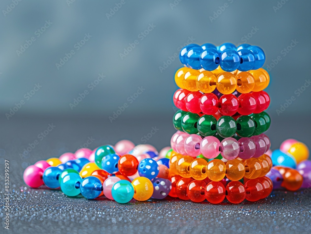 Poster a pile of colorful beads stacked creatively on a plain surface, providing ample space on the left fo