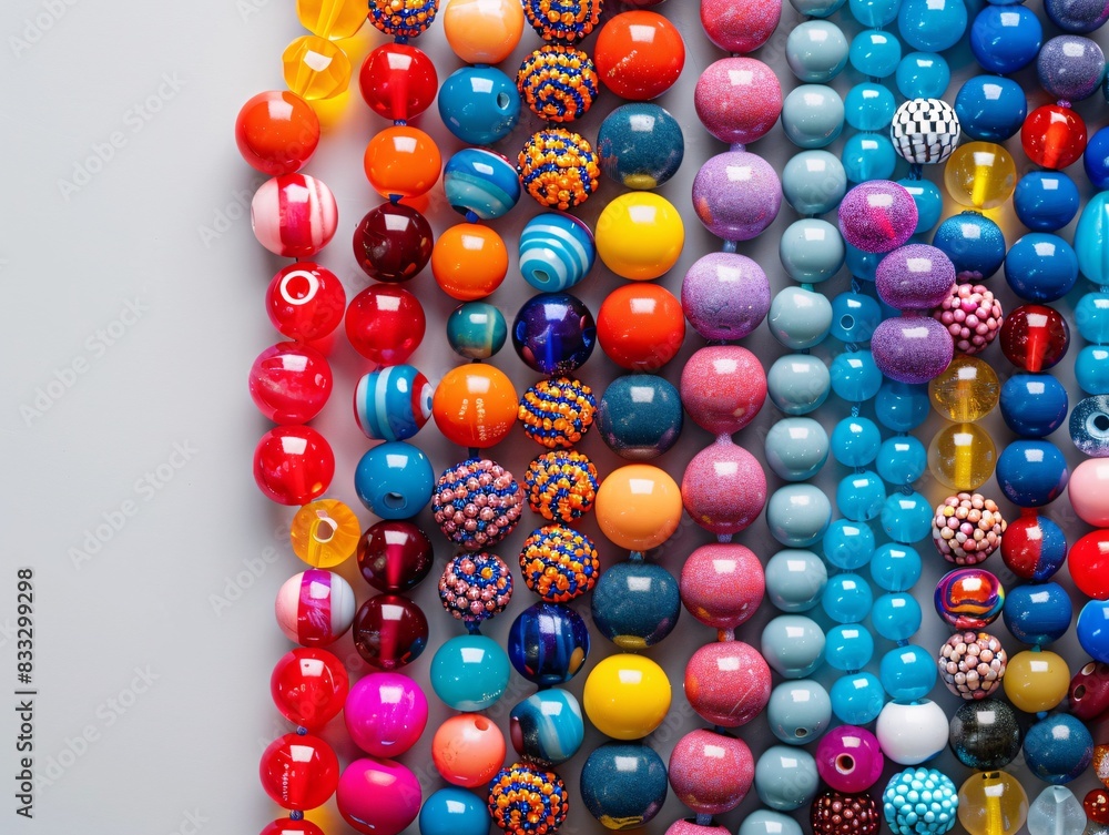 Poster a pile of colorful beads stacked creatively on a plain surface, providing ample space on the left fo