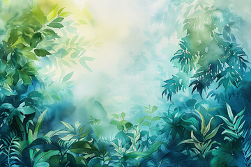 A vibrant watercolor ecology background featuring lush greenery and blue hues, evoking a sense of nature's beauty.