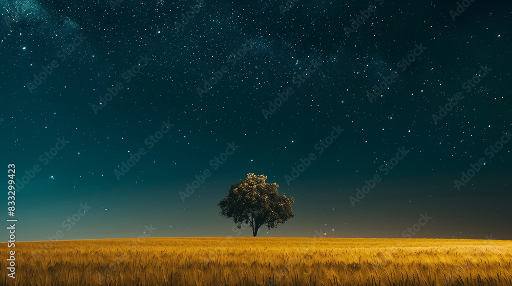 Wall mural a large wheat field under the starry sky, with an old tree in the center of it. the grass is golden 