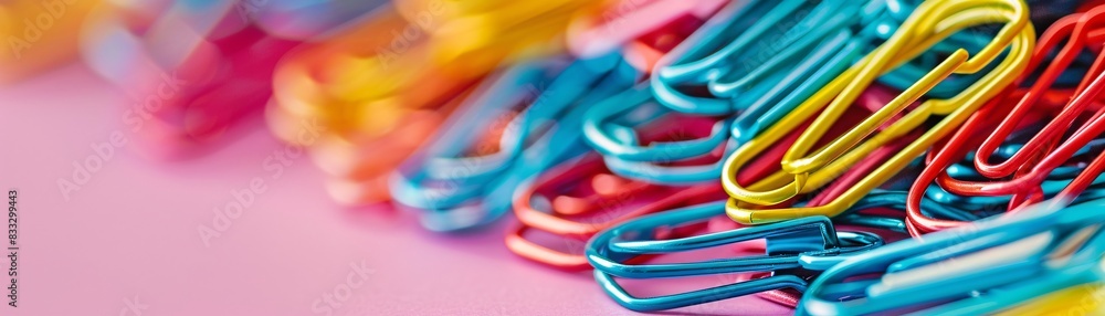 Poster a vibrant stack of colorful paperclips piled up on a neutral backdrop, offering generous space on th