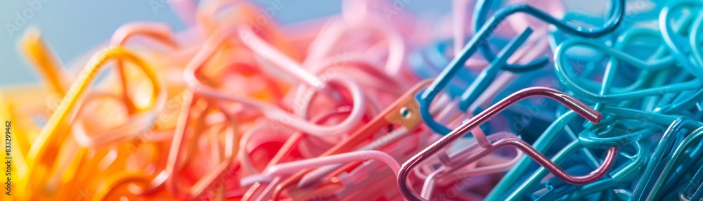 Poster a vibrant stack of colorful paperclips piled up on a neutral backdrop, offering generous space on th