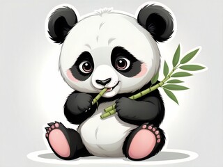 Cute panda cub eating bamboo, vector art