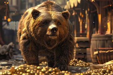 A striking 3D render illustration of a bear in a market scene, capturing the strength and impact of a market decline, with a focus on financial caution