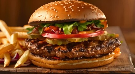 Mouthwatering Burger with Grilled Meat, Fresh Toppings, and Fries. Concept Burger, Grilled Meat, Toppings, Fries, Food Photography