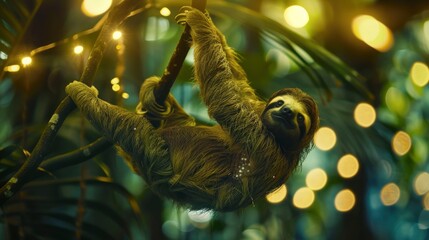 a sloth hangs lazily from a jungle branch, high-magnification with bokeh