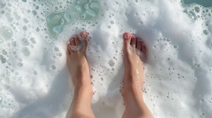 Fototapeta premium A woman's feet are in a pool of water with bubbles