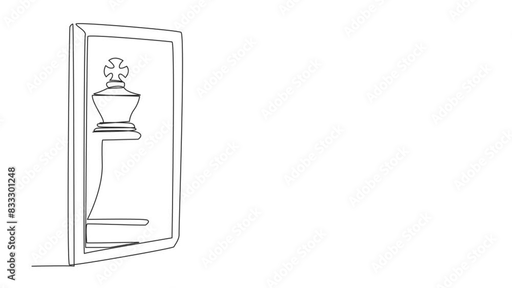 Poster animation of continuous one line drawing horse chess standing in front of mirror, reflecting chess k