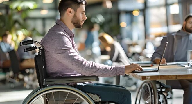 Man in wheelchair working in office with colleagues in a company. Concept Corporate environment, Inclusive workplace, Office team, Man on wheelchair, Diverse colleagues,