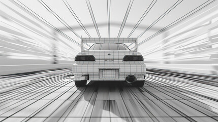 Optical illusion psychedelic, retro vintage Japanese street rally racing car, 90s style, isolated against background. Visual made from model, scan. Motion blur, speed, aesthetic, black and white