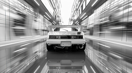 Optical illusion psychedelic, retro vintage Japanese street rally racing car, 90s style, isolated against background. Visual made from model, scan. Motion blur, speed, aesthetic, black and white