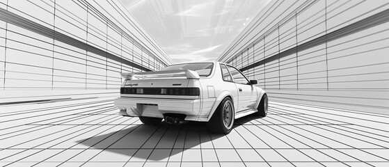 Optical illusion psychedelic, retro vintage Japanese street rally racing car, 90s style, isolated against background. Visual made from model, scan. Motion blur, speed, aesthetic, black and white