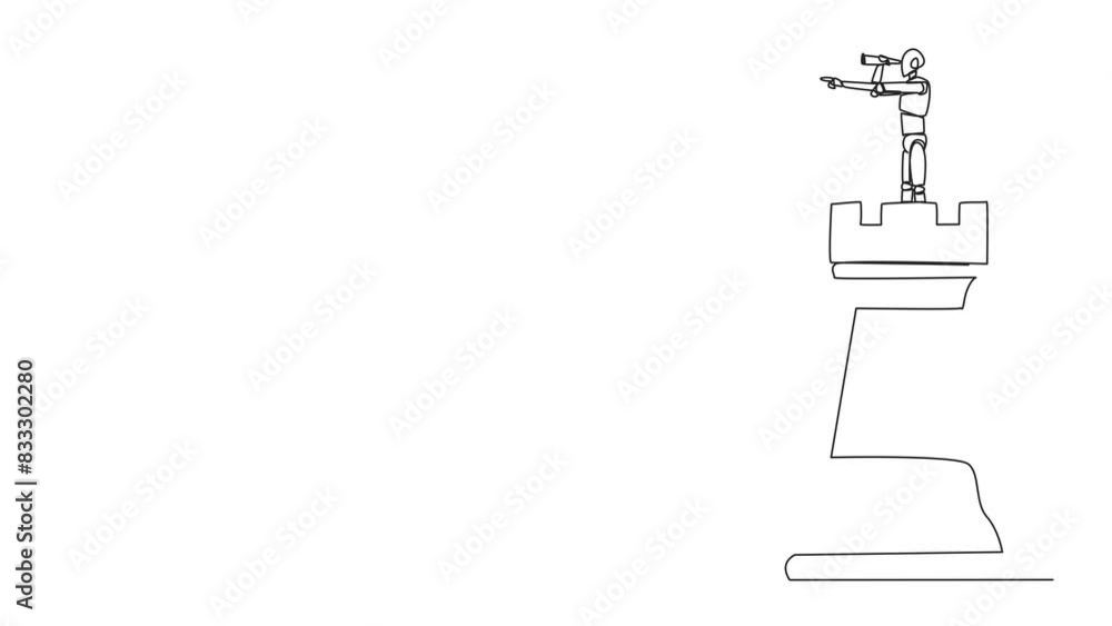 Poster animated self drawing of continuous one line drawing robot future tech on top of big rook chess piec