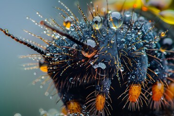 A close-up of the dew-covered fur of a caterpillar