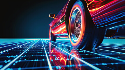 Modern aesthetic, low, back wheel, side on view from behind, car on neon laser gridlines driving towards horizon. 3D 80s retro wave, futuristic, clear, beautiful, isolated, futurism, copy space