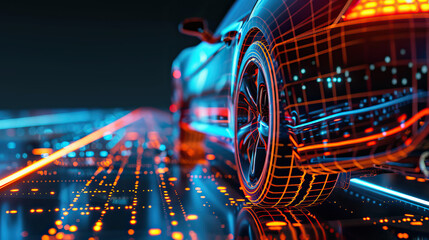 Modern aesthetic, low, back wheel, side on view from behind, car on neon laser gridlines driving towards horizon. 3D 80s retro wave, futuristic, clear, beautiful, isolated, futurism, copy space, blue