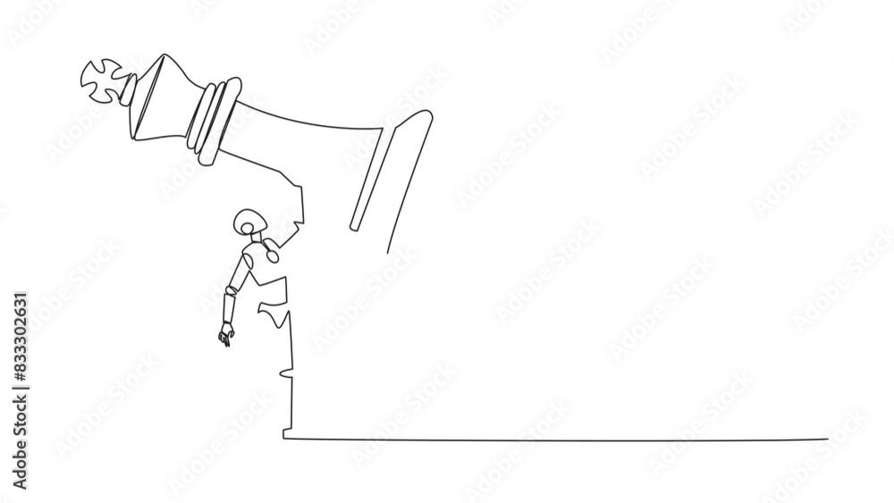 Poster self drawing animation of continuous line drawing robot future tech holding, lifting king chess piec