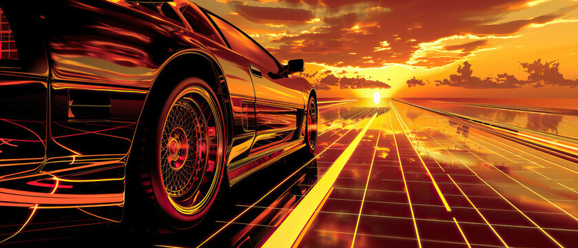 Modern aesthetic, low, back wheel, side on view from behind, car on neon laser gridlines driving towards horizon. 3D 80s retro wave, futuristic, clear, beautiful, isolated, futurism, copy space