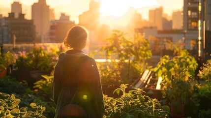 Serene Urban Sunset: Woman Contemplating Evening Skyline from a City Garden