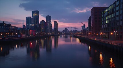 Fototapeta premium Tranquil Cityscape at Twilight: Serene River Reflections and Skyline