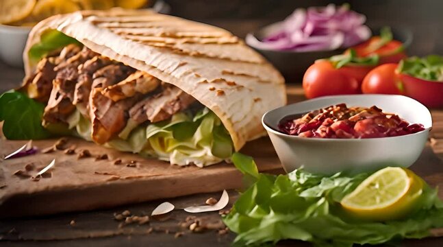 Delicious grilled chicken doner shawarma sandwich with aromatic spices