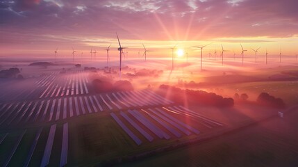 Renewable Energy Dawn: Wind Turbines and Solar Panels at Sunrise