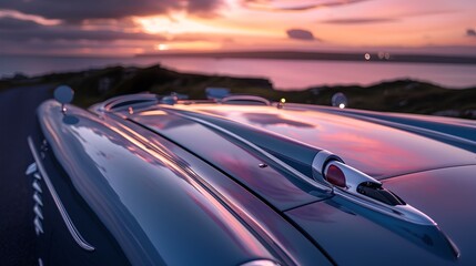 Luxury Car Journey at Sunset - Elegant Vehicle on a Coastal Road with a Beautiful Sky