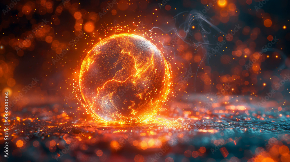 Poster abstract yellow background with golden wireframe round sphere with particles, space for text