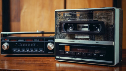Fototapeta premium Close-up of old retro radio receiver music cassette audio tape recorder dark room. Selective focus