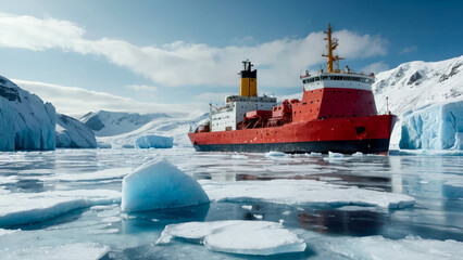 Cargo ship on ice floe in the winter ocean or sea