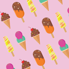 Bright background with sweet ice cream. Flat style.
