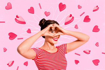 Creative image poster collage of girl make heart gesture look eyes on pastel color background