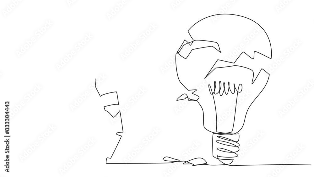Poster animated self drawing of single continuous line drawing smart robot preparing to hit a big lightbulb
