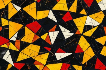 Geometric shapes in yellow, black, and red, reflecting the colors and joyous spirit of a small, electrically charged companion known for its adventurous heart background, ai generated