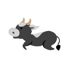 Cartoon calf vector, domestic rural cute black cow sitting isolated on white, kids animal, Character design for greeting card, children invite, packaging farmer product, creation of alphabet