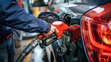 Fototapeta premium A man holding a fuel nozzle while filling up a car at a gas station