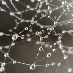 Close View of Dew Droplets Adorning a Spider Web Creating a Sparkling Natural Pattern in the Morning Light