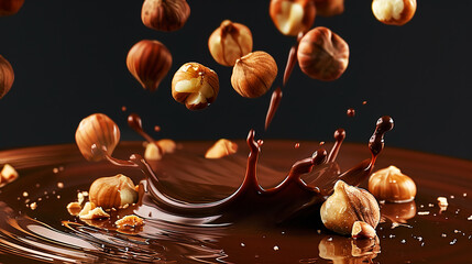 Whole and chopped hazelnuts falling into liquid chocolate with smooth creamy texture. Sweets desserts chocolate products concept