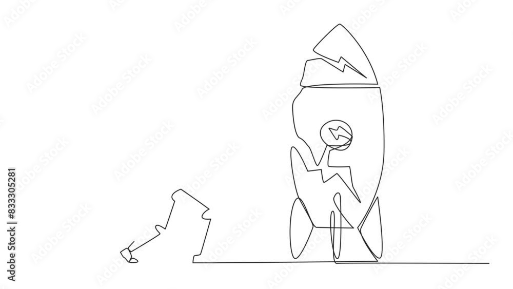 Poster animation of single one line drawing smart robotic preparing to hit a standing rocket. rampage. not 