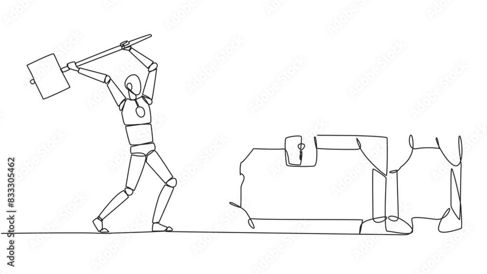 Aufkleber animated self drawing of continuous one line drawing smart robot preparing to hit big treasure chest