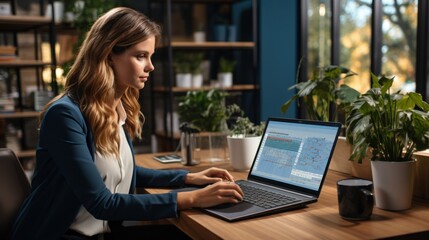 A focused young woman working on her laptop in a modern office environment, analyzing data on her screen