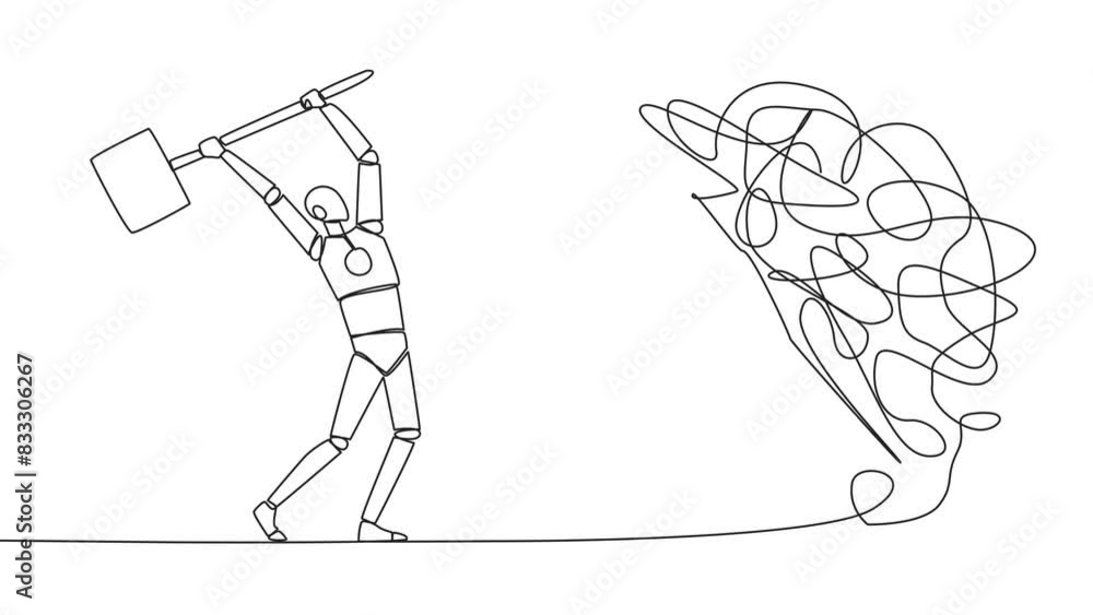 Poster self drawing animation of continuous one line drawing smart robotic preparing to hit big mess circle