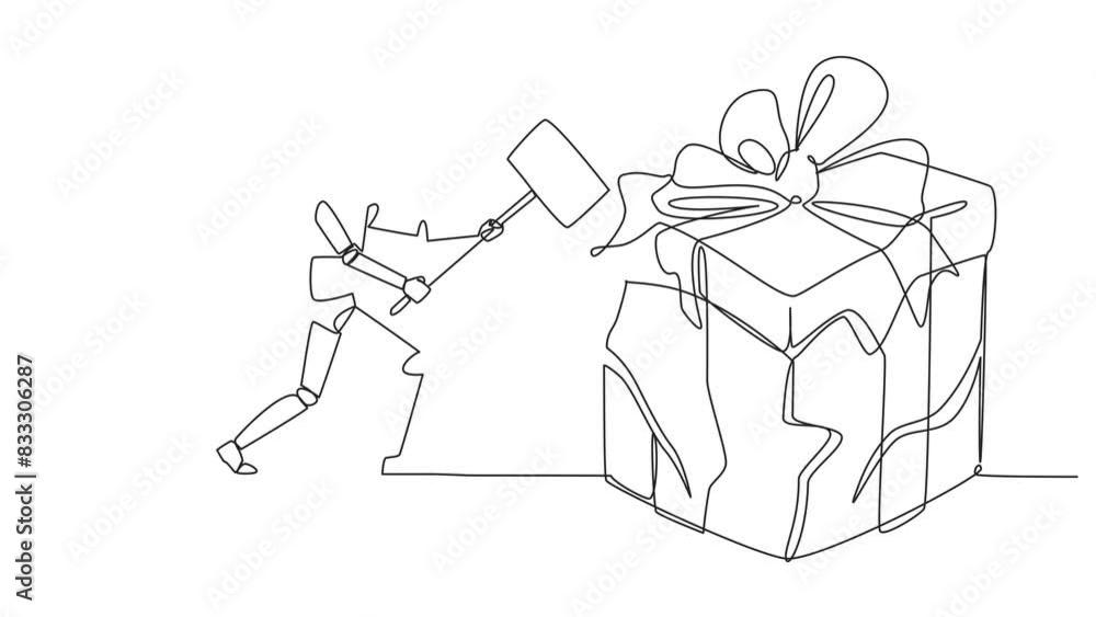 Poster animation of single one line drawing smart robotic preparing to hit the big gift box. the robot expr