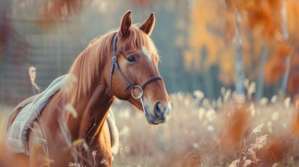 A gleaming chestnut horse standing in a field with a halter and blanket